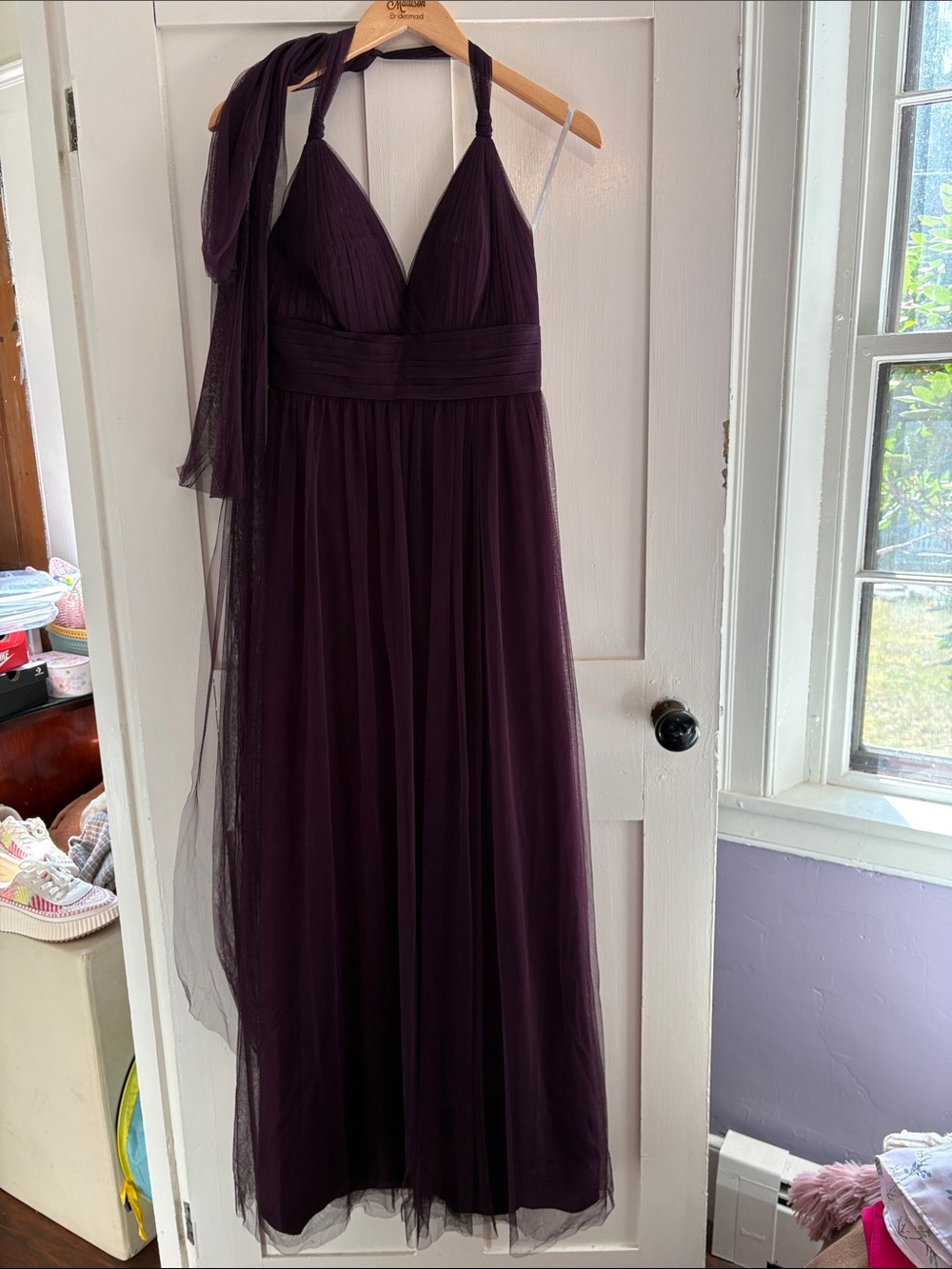 Eggplant Halter/multi way tie Maxi Evening/Bridesmaid Dress with Sash